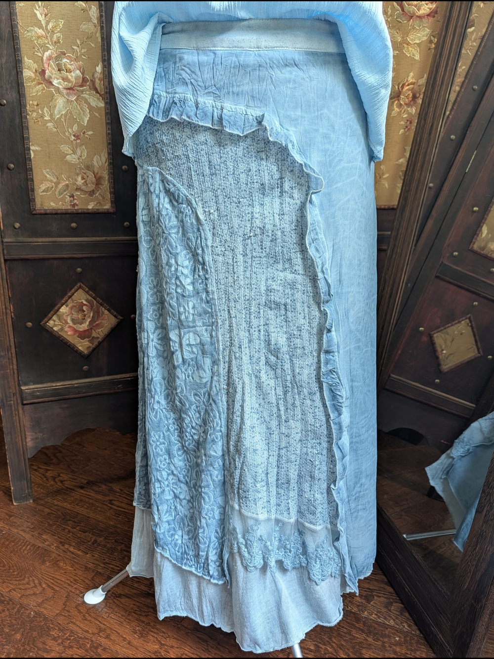 Fleur de Lis Baby Blue Layer Lace Patchwork Maxi Skirt Fairy Boho Medium M Y2K